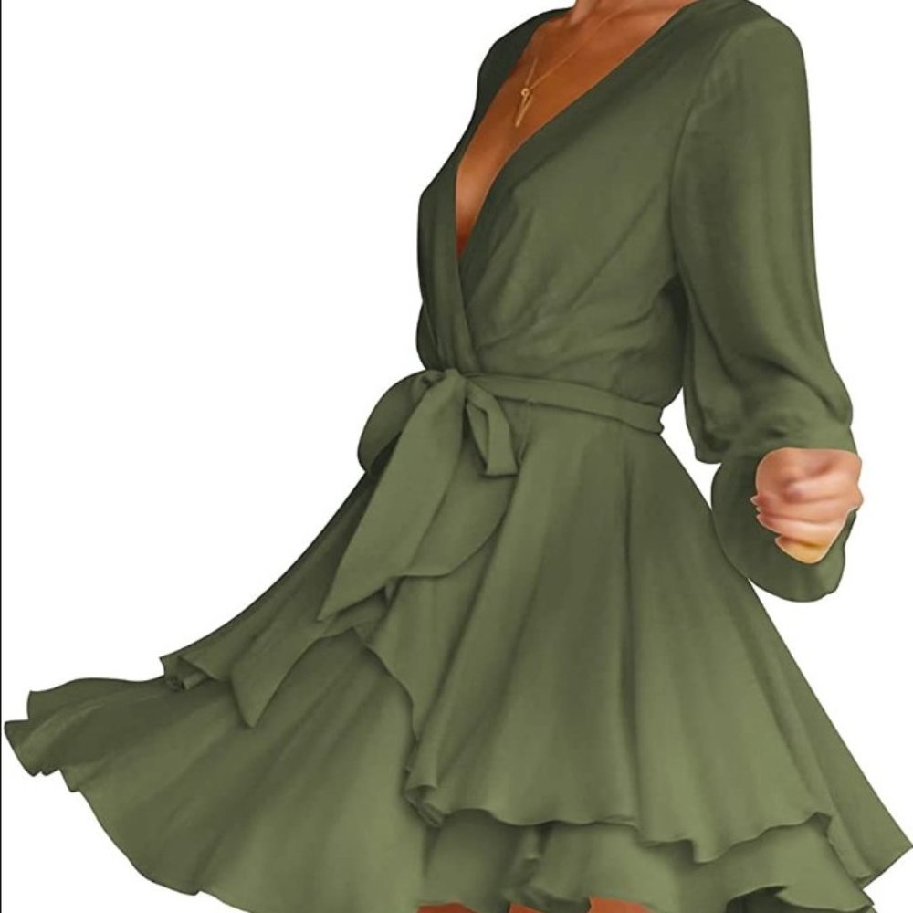 Womens Fit & Flare Boho Long Sleeve Mini Dress in Olive Green Size M - Picture 3 of 12
